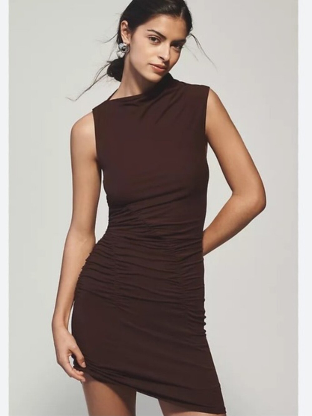 Anthropologie Dark Brown Sleeveless Ruched Mini Dress